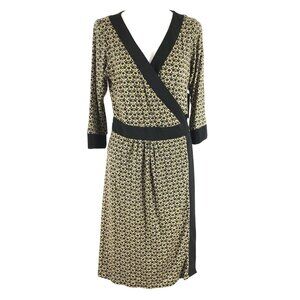 Melissa Masse Wrap Dress Printed 3/4 Sleeve Yellow Black Stretch Size M